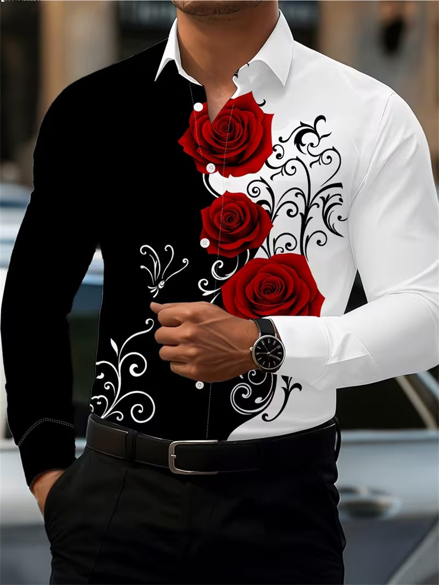 Queer Men'S Fashion - Men's Red Rose Print Long-Sleeve Shirt,