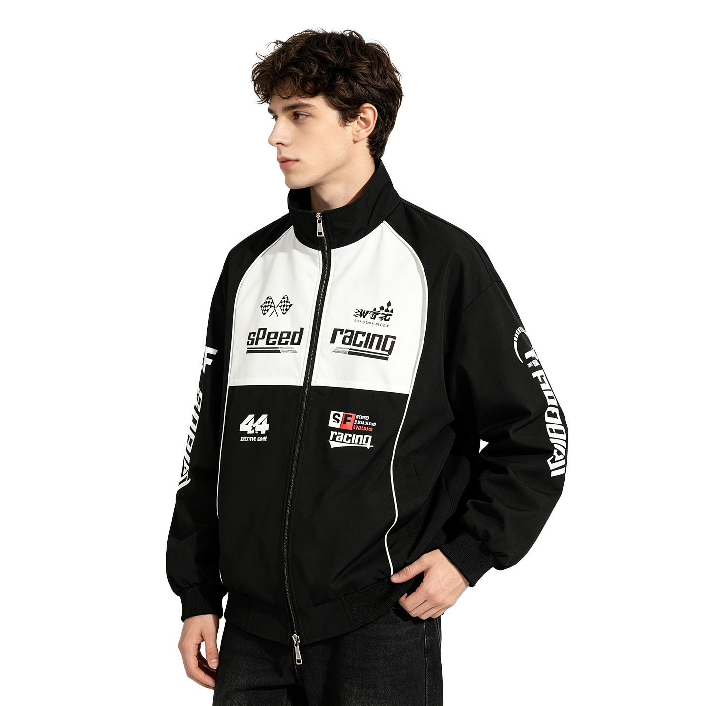 Men Racing Jacket Black White  - đánh giá và giá Windbreaker Men Zip